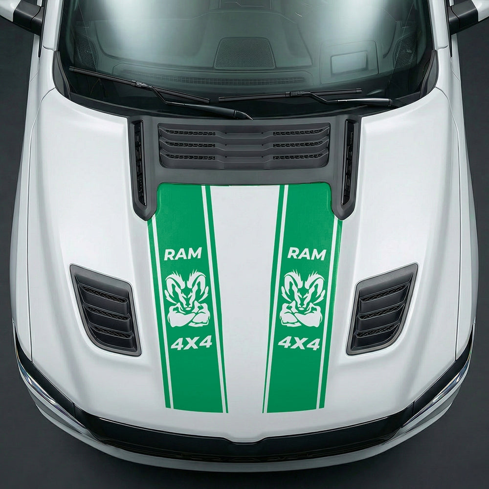 Hood Panel Decal/Sticker - Muscular Ram Mascot 4x4 Twin Stripe Graphic Kit - For Dodge Ram 2019-2025 - Premium Vinyl