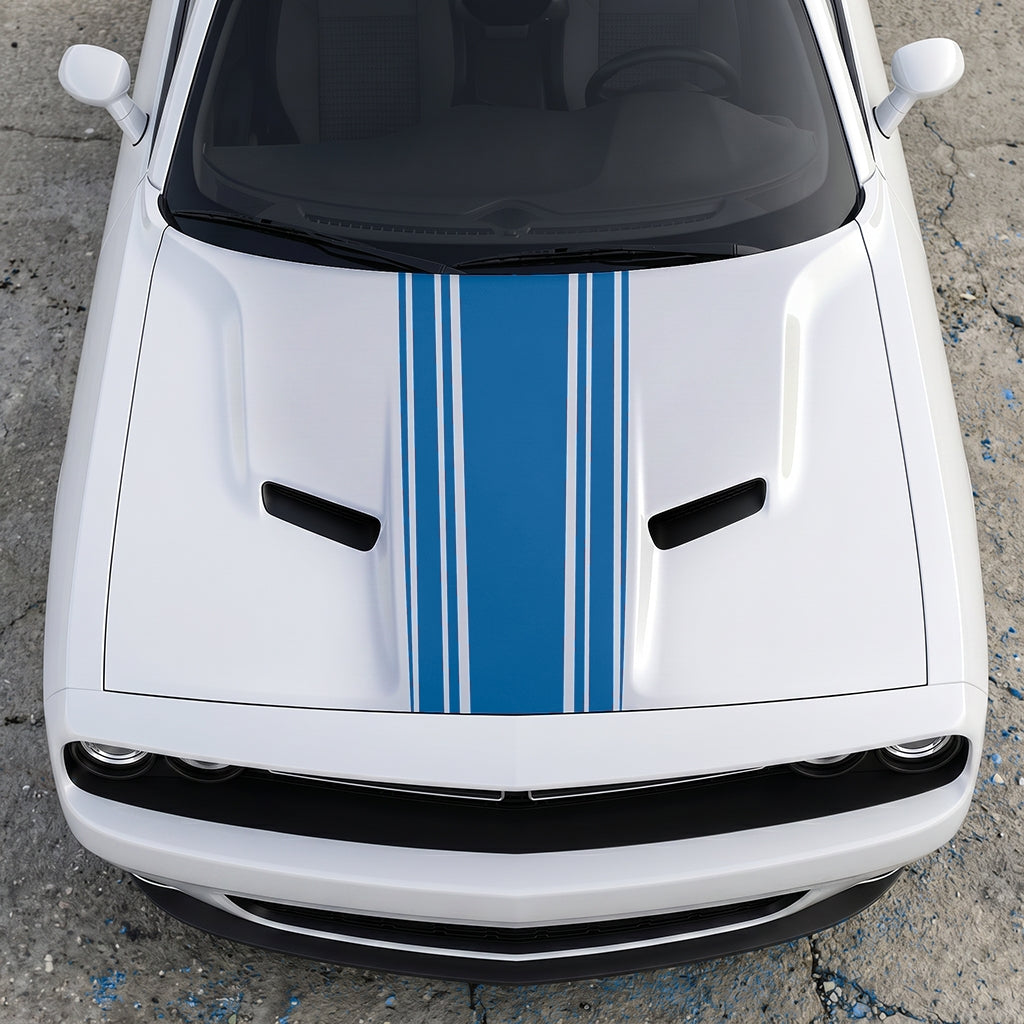Hood Panel Decal/Sticker - Challenger Interceptor Center Stripe - Multi-Pin Racing Fade Vinyl Graphic Kit - For Dodge Challenger 2015-2024 - Premium Vinyl