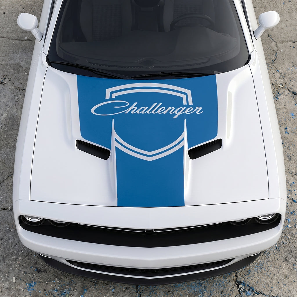 Hood Panel Decal/Sticker - Challenger Retro Script Shield - Vintage Style Crest Graphic Kit - For Dodge Challenger 2015-2024 - Premium Vinyl