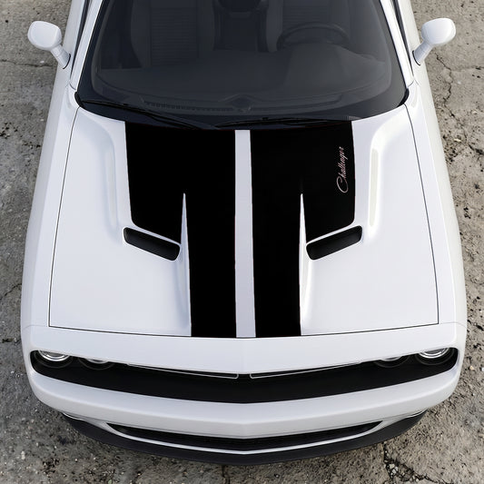 Hood Panel Decal/Sticker - Retro Script Challenger Heritage - Split Center Sport Stripe Series Graphic Kit - For Dodge Challenger 2015-2024 - Premium Vinyl