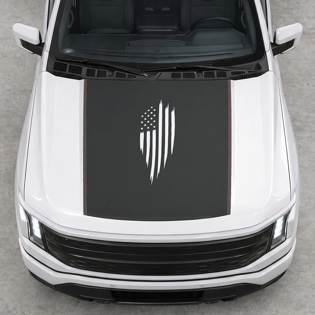 Hood Panel Decal/Sticker - Scratched America Flag Graphic Decal Graphic Kit - For Ford F-150 2015-2020 - Premium Vinyl