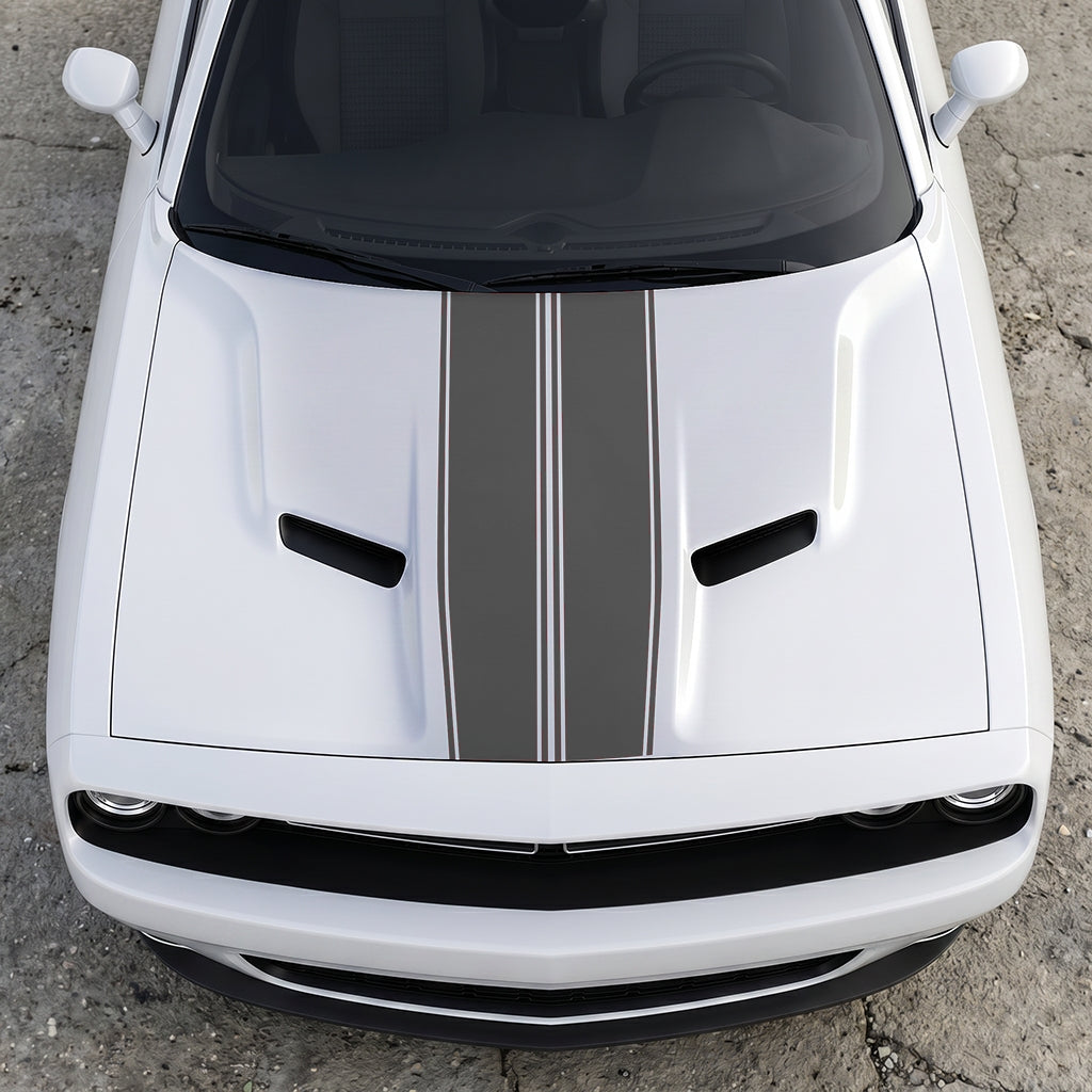 Hood Panel Decal/Sticker - Triple-Threat Sport Racing Stripes - Symmetrical Performance Overlay Graphic Kit - For Dodge Challenger 2015-2024 - Premium Vinyl
