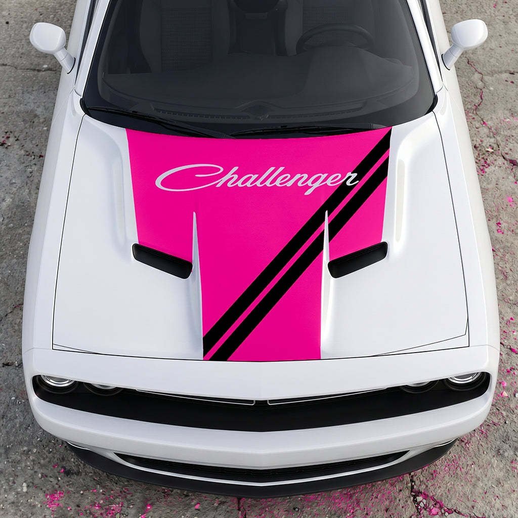 Hood Panel Decal/Sticker - Challenger Script Sidewinder Stripe - Dual-Band Offset Racing Graphic Kit - For Dodge Challenger 2015-2024 - Premium Vinyl
