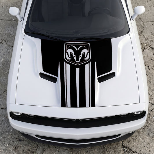 Hood Panel Decal/Sticker - Ram Emblem Apex Crest Triple-Stripe - Rugged Shield Design Vinyl Graphic Kit - For Dodge Challenger 2015-2024 - Premium Vinyl