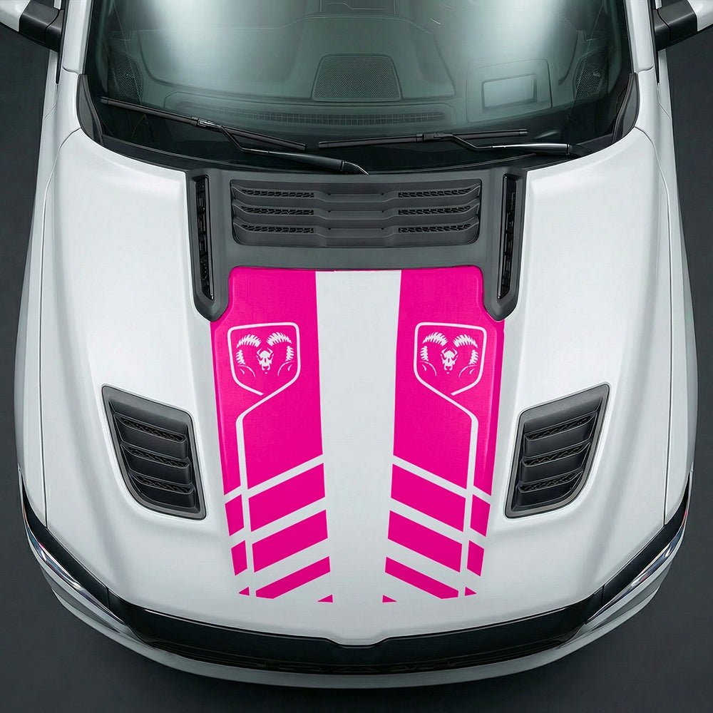 Hood Panel Decal/Sticker - Slotted Sport Stripe with RAM Shield Badge Graphic Kit - For Dodge Ram 2019-2025 - Premium Vinyl
