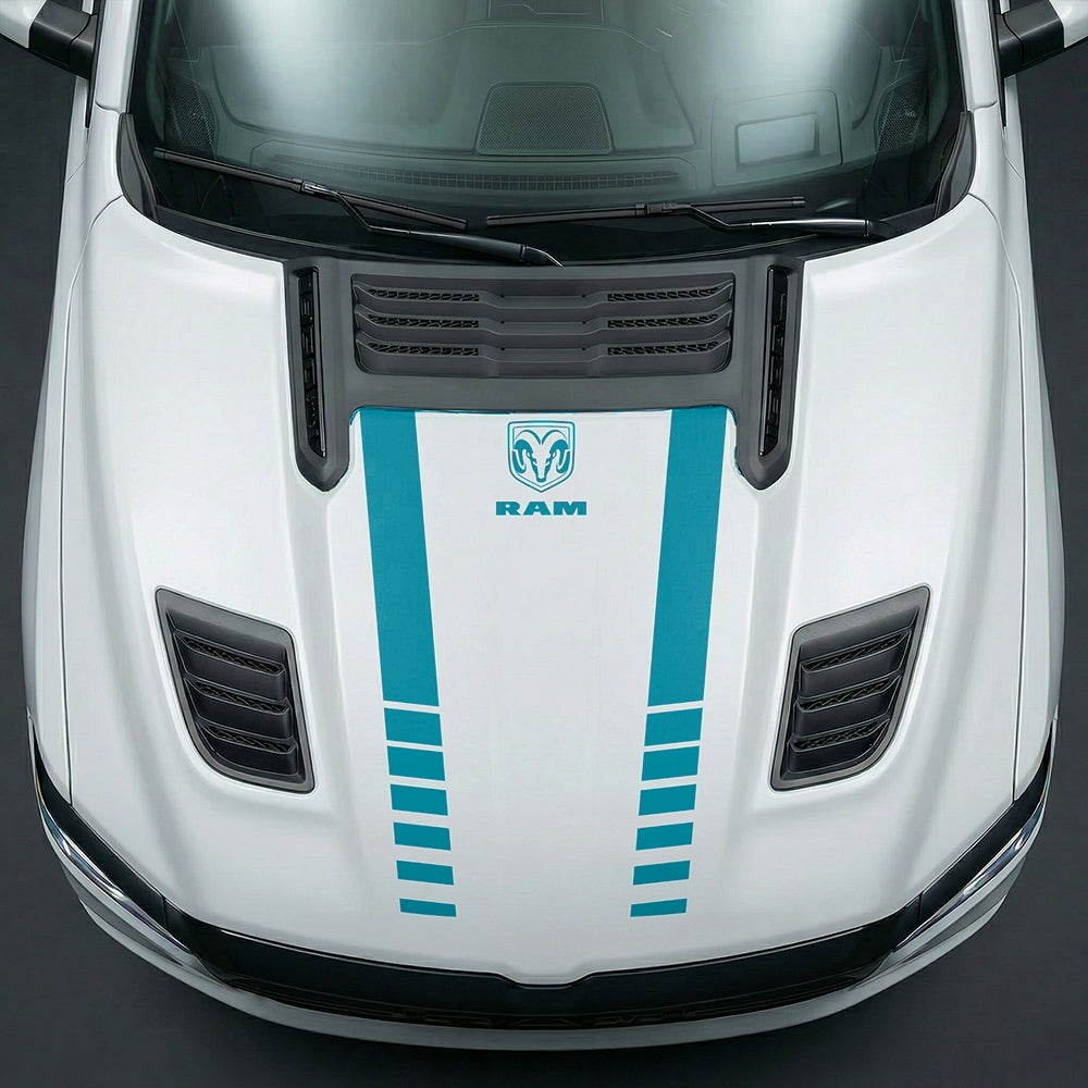 Hood Panel Decal/Sticker - Sport Strobe V-Stripes with Center RAM Logo - Cut Graphic Kit - For Dodge Ram 2019-2025 - Premium Vinyl