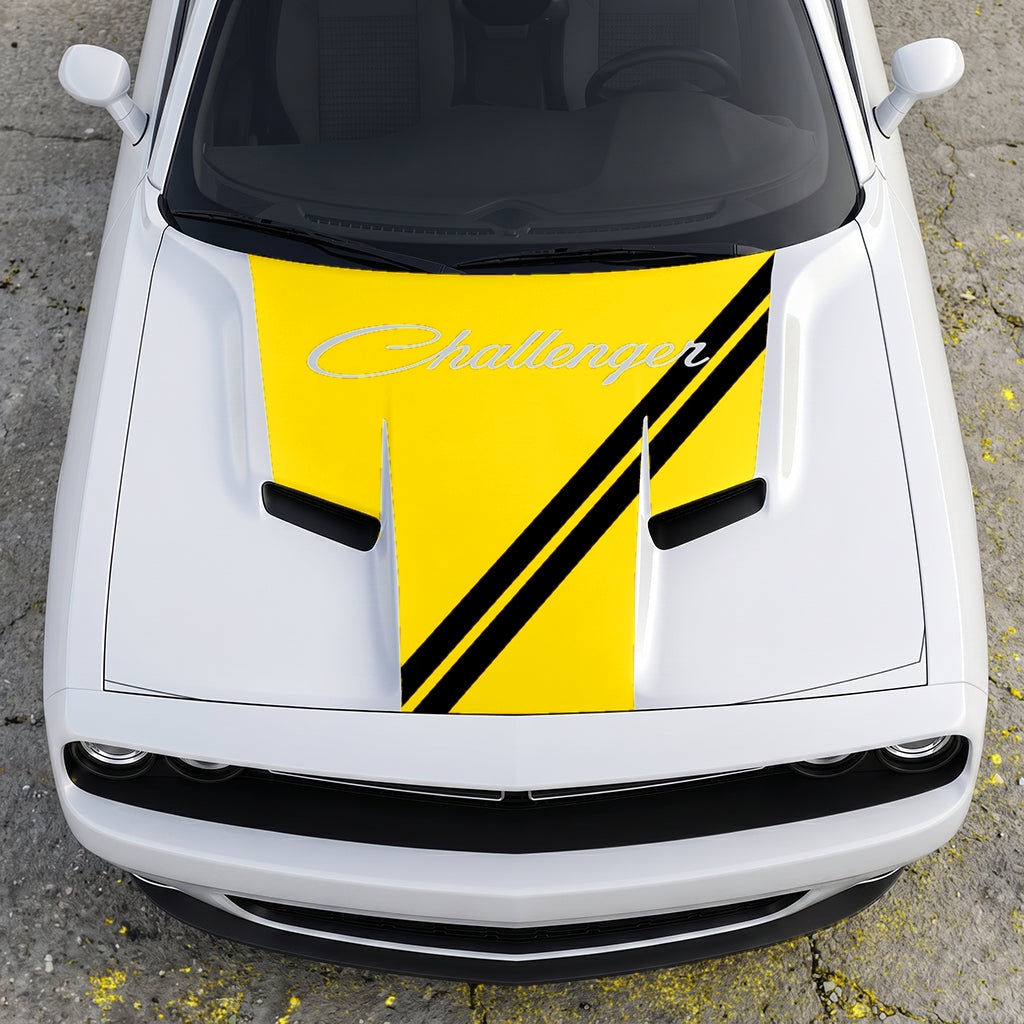 Hood Panel Decal/Sticker - Challenger Script Sidewinder Stripe - Dual-Band Offset Racing Graphic Kit - For Dodge Challenger 2015-2024 - Premium Vinyl