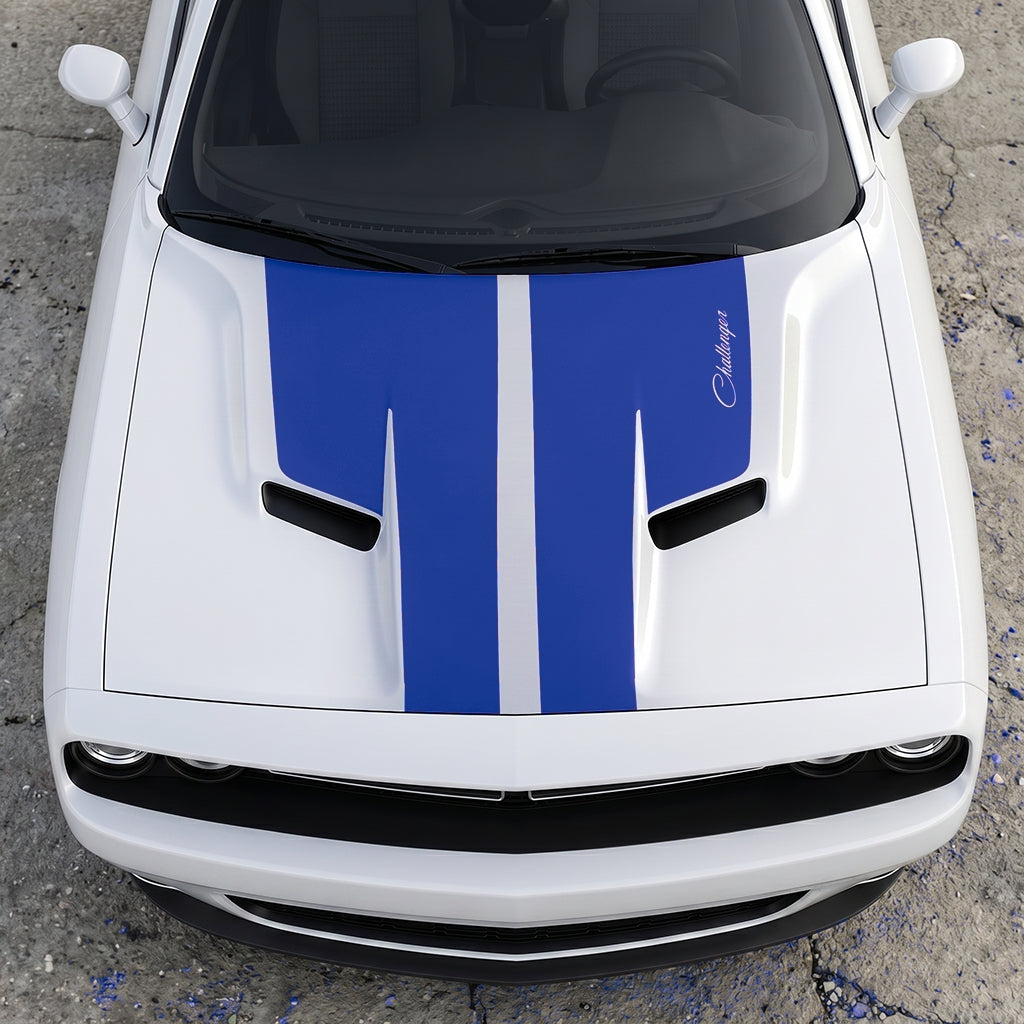 Hood Panel Decal/Sticker - Retro Script Challenger Heritage - Split Center Sport Stripe Series Graphic Kit - For Dodge Challenger 2015-2024 - Premium Vinyl