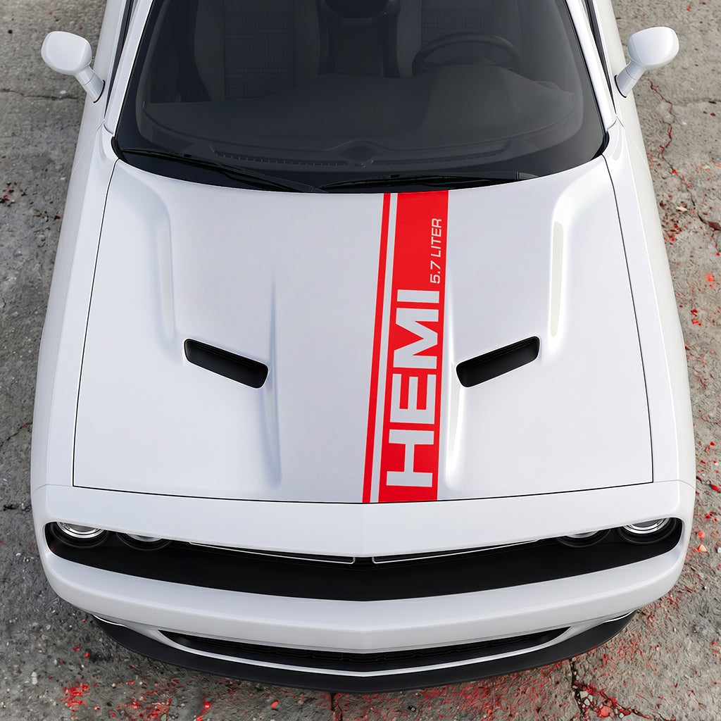 Hood Panel Decal/Sticker - HEMI 5.7 Liter Vertical Performance Stripe - Pillar Style Side-Hood Accent Vinyl Graphic Kit - For Dodge Challenger 2015-2024 - Premium Vinyl