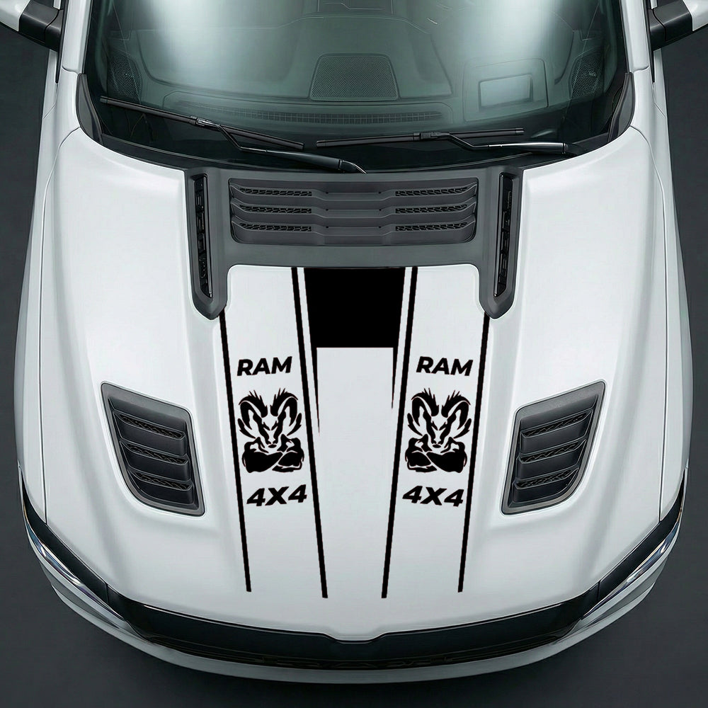Hood Panel Decal/Sticker - Muscular Ram Mascot 4x4 Twin Stripe U-Shape Graphic Kit - For Dodge Ram 2019-2025 - Premium Vinyl