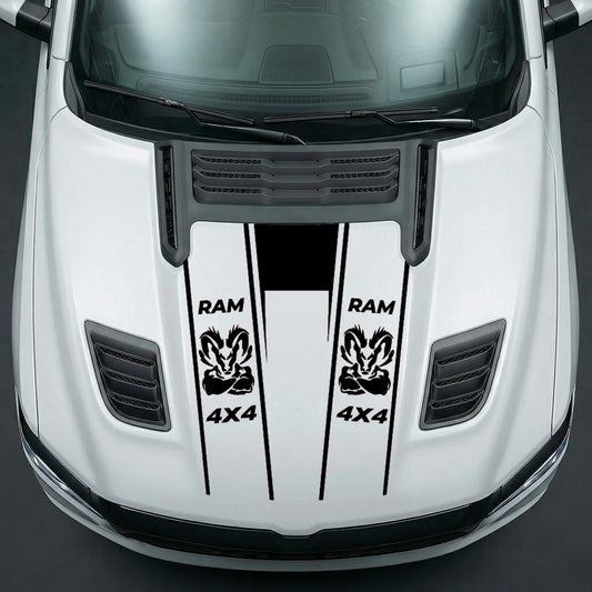 Hood Panel Decal/Sticker - Muscular Ram Mascot 4x4 Twin Stripe U-Shape Graphic Kit - For Dodge Ram 2019-2025 - Premium Vinyl