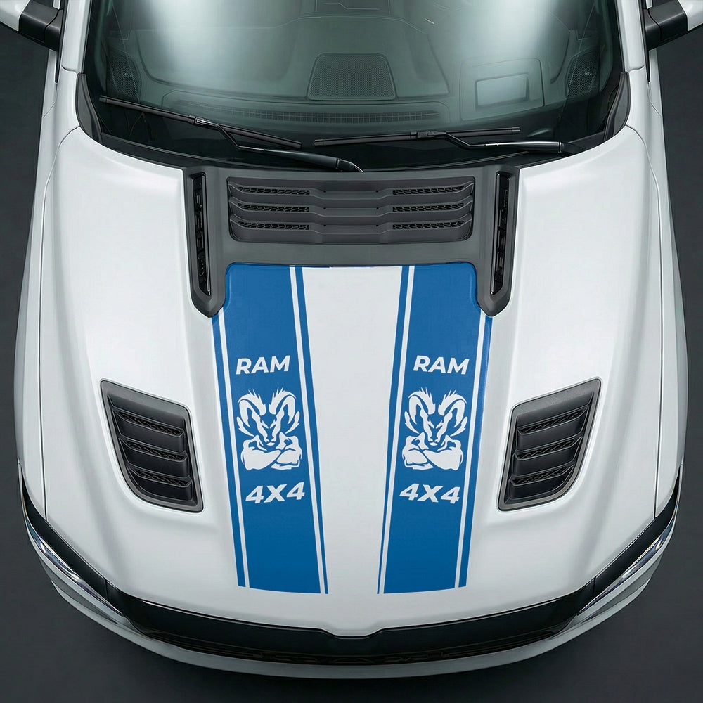 Hood Panel Decal/Sticker - Muscular Ram Mascot 4x4 Twin Stripe Graphic Kit - For Dodge Ram 2019-2025 - Premium Vinyl