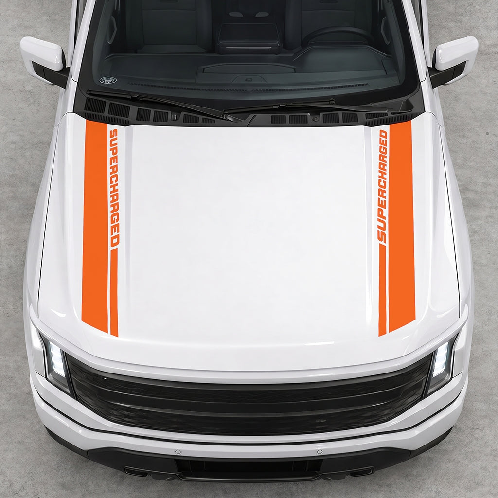 Hood Panel Decal/Sticker - Double Side SuperCharged Graphic Decal Graphic Kit - For Ford F-150 2015-2020 - Premium Vinyl
