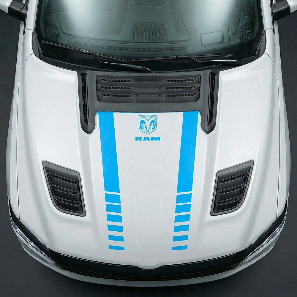 Hood Panel Decal/Sticker - Sport Strobe V-Stripes with Center RAM Logo - Cut Graphic Kit - For Dodge Ram 2019-2025 - Premium Vinyl