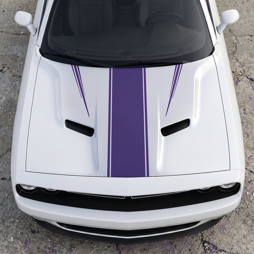 Hood Panel Decal/Sticker - Sport Rally Triple-Threat Stripe - Center-Line and Fender-Flair Accent Graphic Kit - For Dodge Challenger 2015-2024 - Premium Vinyl