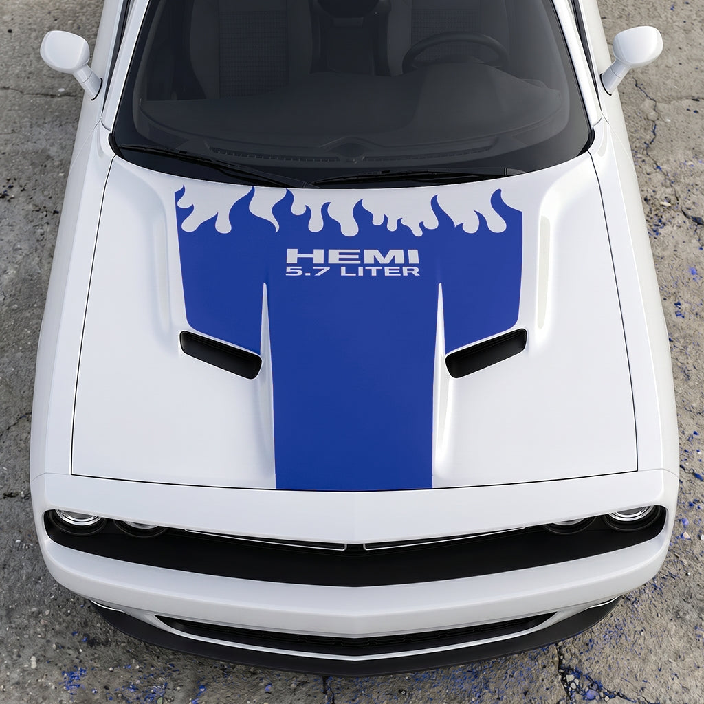 Hood Panel Decal/Sticker - HEMI 5.7 Liter Fire & Fury Flame Accent - Performance Red Series Graphic Kit - For Dodge Challenger 2015-2024 - Premium Vinyl