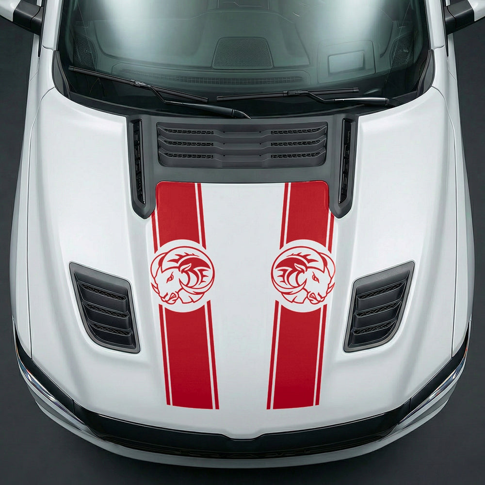 Hood Panel Decal/Sticker - Aggressive RAM Mascot Twin Racing Stripe Graphic Kit - For Dodge Ram 2019-2025 - Premium Vinyl