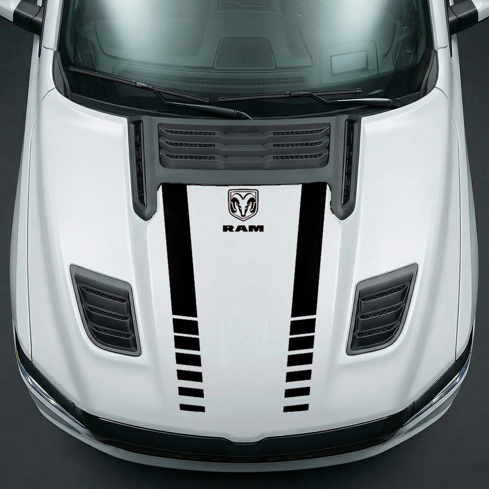Hood Panel Decal/Sticker - Sport Strobe V-Stripes with Center RAM Logo - Cut Graphic Kit - For Dodge Ram 2019-2025 - Premium Vinyl