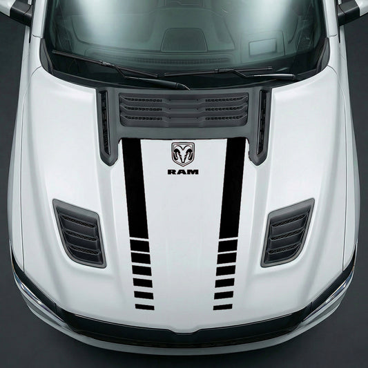 Hood Panel Decal/Sticker - Sport Strobe V-Stripes with Center RAM Logo - Cut Graphic Kit - For Dodge Ram 2019-2025 - Premium Vinyl
