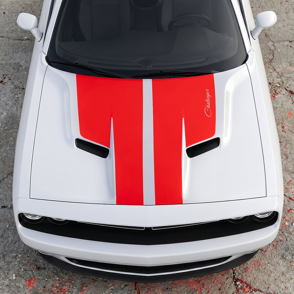 Hood Panel Decal/Sticker - Retro Script Challenger Heritage - Split Center Sport Stripe Series Graphic Kit - For Dodge Challenger 2015-2024 - Premium Vinyl