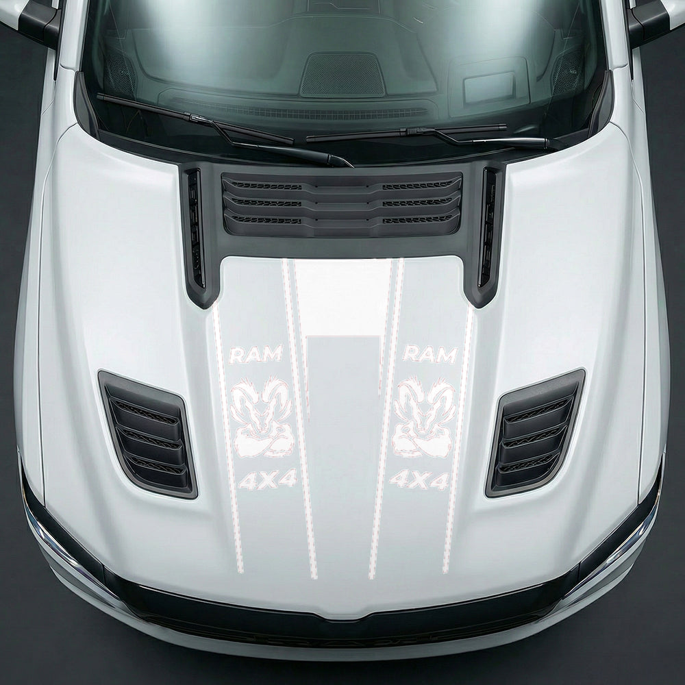 Hood Panel Decal/Sticker - Muscular Ram Mascot 4x4 Twin Stripe U-Shape Graphic Kit - For Dodge Ram 2019-2025 - Premium Vinyl