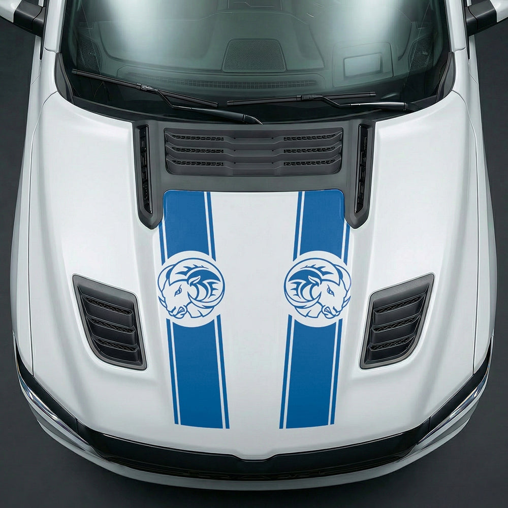 Hood Panel Decal/Sticker - Aggressive RAM Mascot Twin Racing Stripe Graphic Kit - For Dodge Ram 2019-2025 - Premium Vinyl