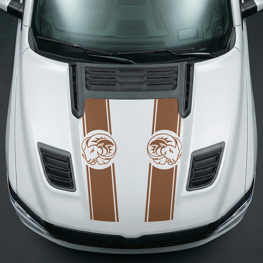 Hood Panel Decal/Sticker - Aggressive RAM Mascot Twin Racing Stripe Graphic Kit - For Dodge Ram 2019-2025 - Premium Vinyl