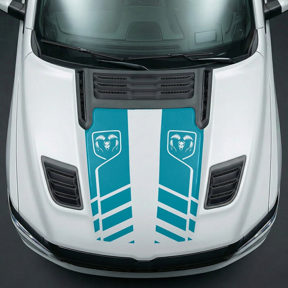 Hood Panel Decal/Sticker - Slotted Sport Stripe with RAM Shield Badge Graphic Kit - For Dodge Ram 2019-2025 - Premium Vinyl