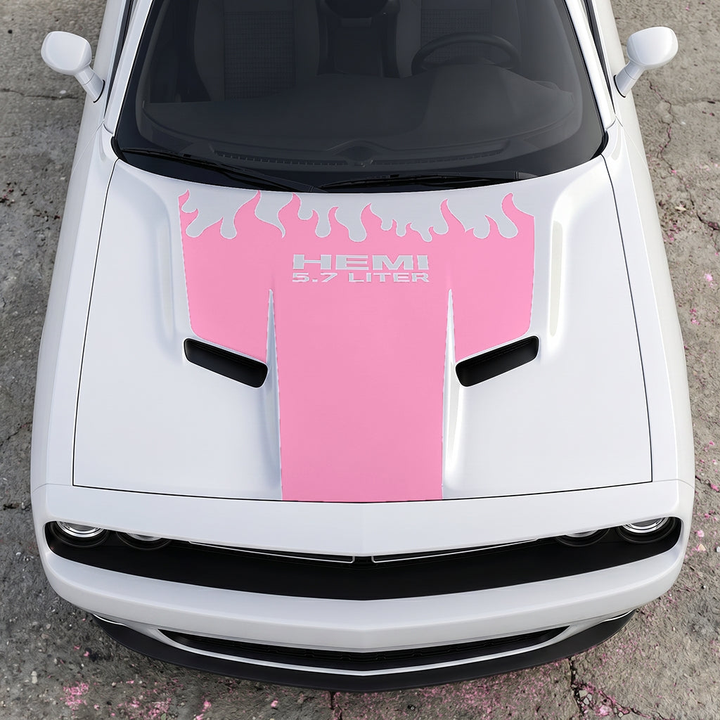 Hood Panel Decal/Sticker - HEMI 5.7 Liter Fire & Fury Flame Accent - Performance Red Series Graphic Kit - For Dodge Challenger 2015-2024 - Premium Vinyl