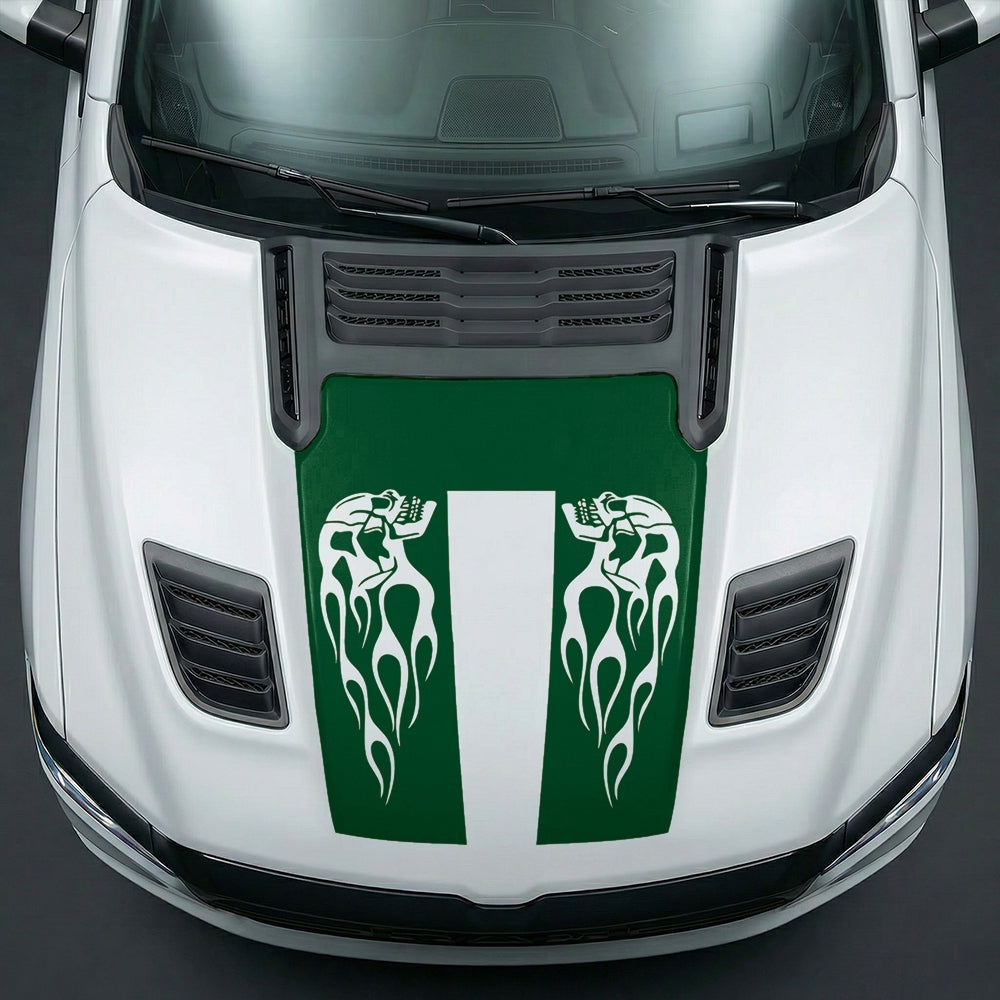 Hood Panel Decal/Sticker - Fiery Skulls Custom U-Shape Graphic Kit - For Dodge Ram 2019-2025 - Premium Vinyl