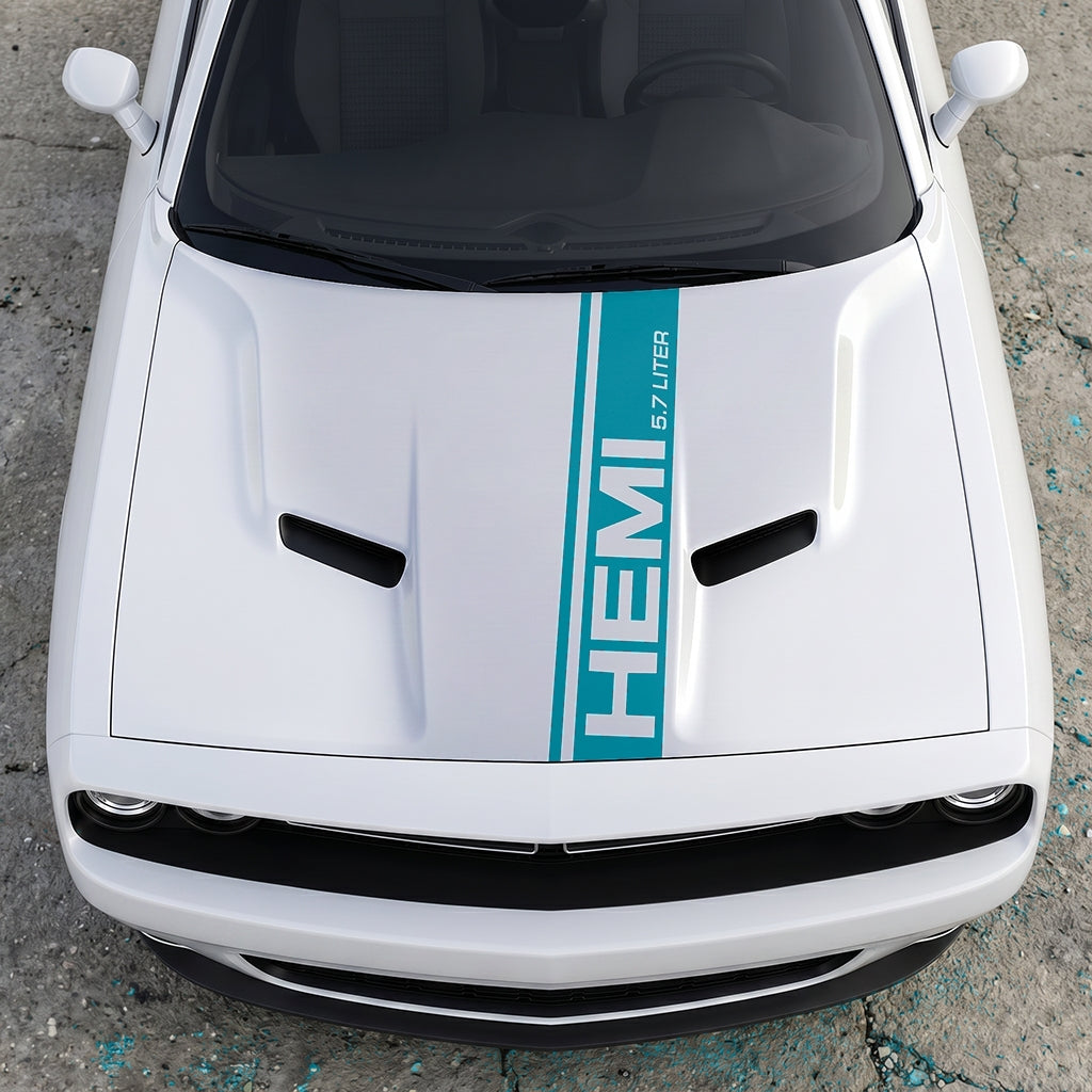 Hood Panel Decal/Sticker - HEMI 5.7 Liter Vertical Performance Stripe - Pillar Style Side-Hood Accent Vinyl Graphic Kit - For Dodge Challenger 2015-2024 - Premium Vinyl
