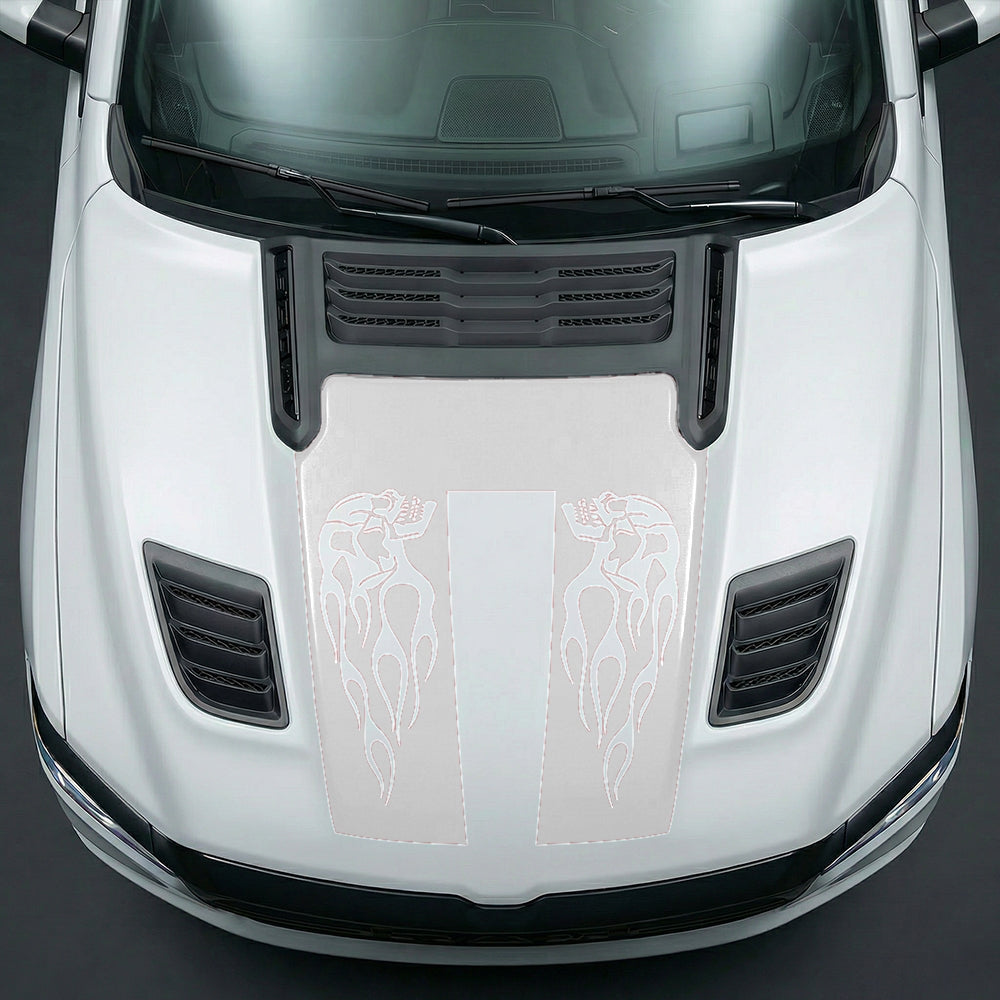 Hood Panel Decal/Sticker - Fiery Skulls Custom U-Shape Graphic Kit - For Dodge Ram 2019-2025 - Premium Vinyl