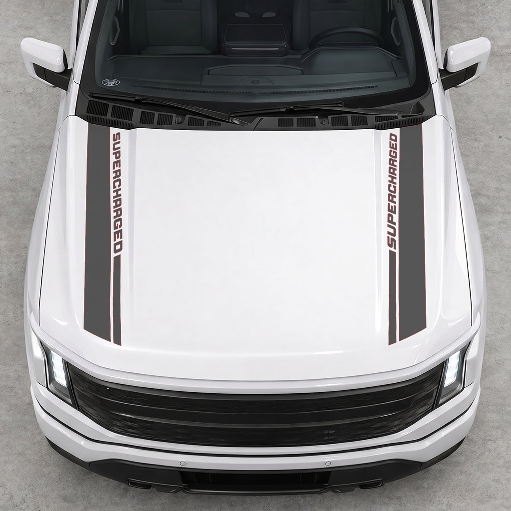 Hood Panel Decal/Sticker - Double Side SuperCharged Graphic Decal Graphic Kit - For Ford F-150 2015-2020 - Premium Vinyl