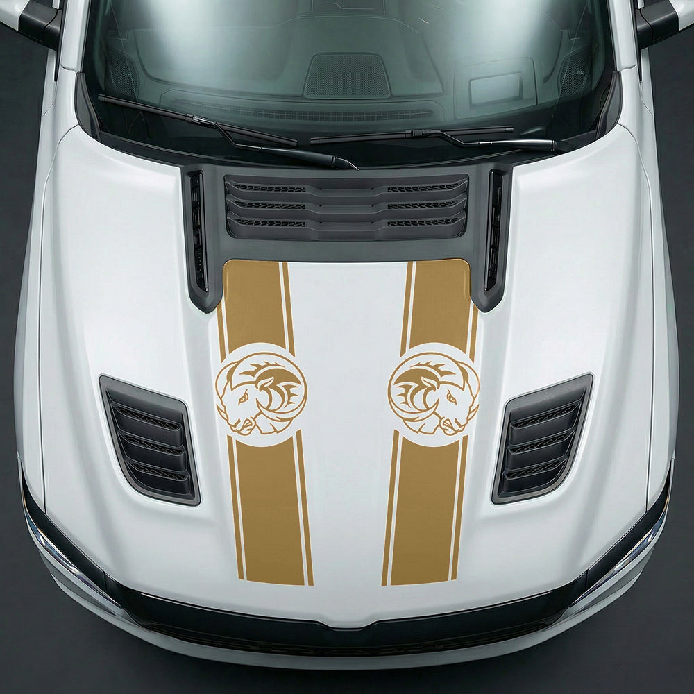 Hood Panel Decal/Sticker - Aggressive RAM Mascot Twin Racing Stripe Graphic Kit - For Dodge Ram 2019-2025 - Premium Vinyl