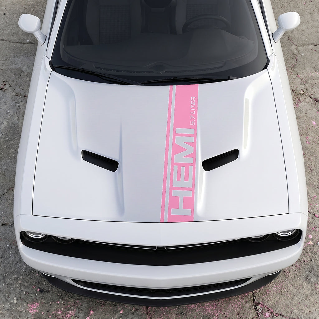 Hood Panel Decal/Sticker - HEMI 5.7 Liter Vertical Performance Stripe - Pillar Style Side-Hood Accent Vinyl Graphic Kit - For Dodge Challenger 2015-2024 - Premium Vinyl