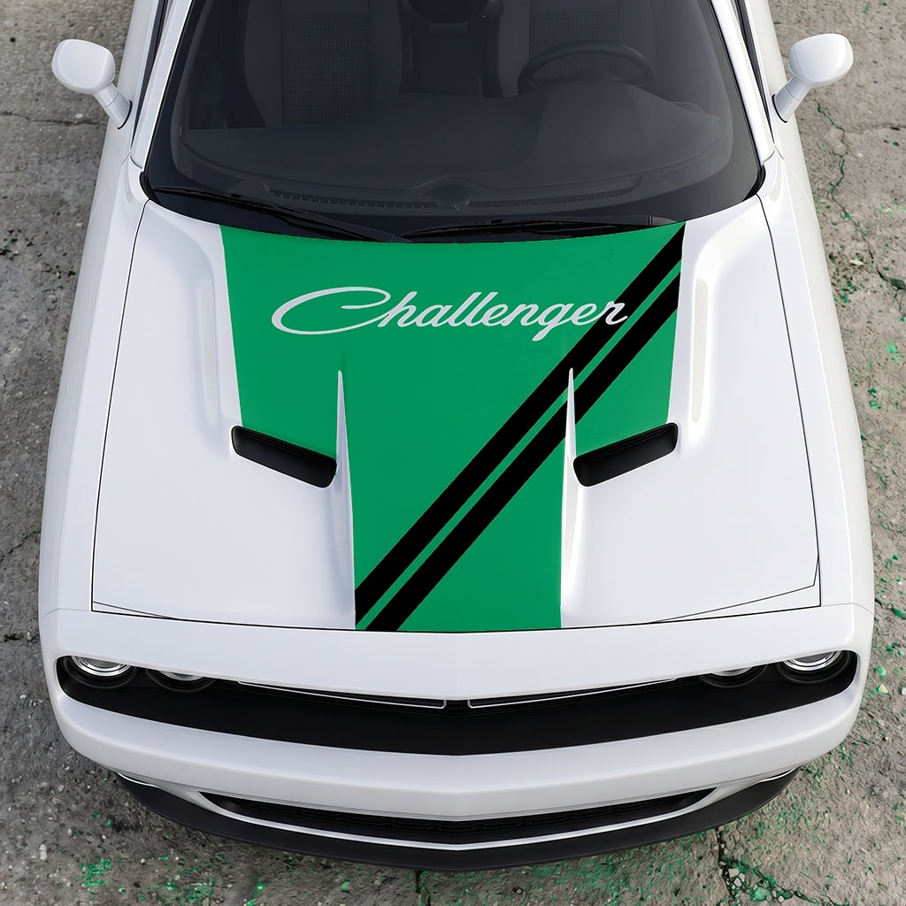Hood Panel Decal/Sticker - Challenger Script Sidewinder Stripe - Dual-Band Offset Racing Graphic Kit - For Dodge Challenger 2015-2024 - Premium Vinyl