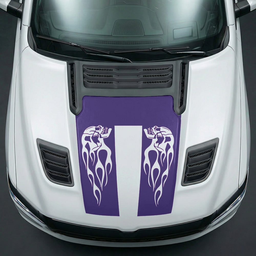 Hood Panel Decal/Sticker - Fiery Skulls Custom U-Shape Graphic Kit - For Dodge Ram 2019-2025 - Premium Vinyl