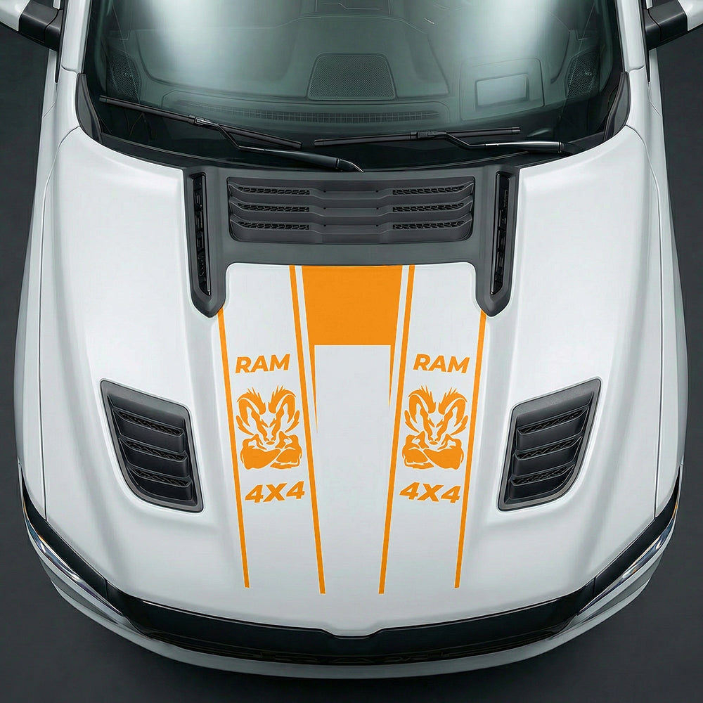 Hood Panel Decal/Sticker - Muscular Ram Mascot 4x4 Twin Stripe U-Shape Graphic Kit - For Dodge Ram 2019-2025 - Premium Vinyl