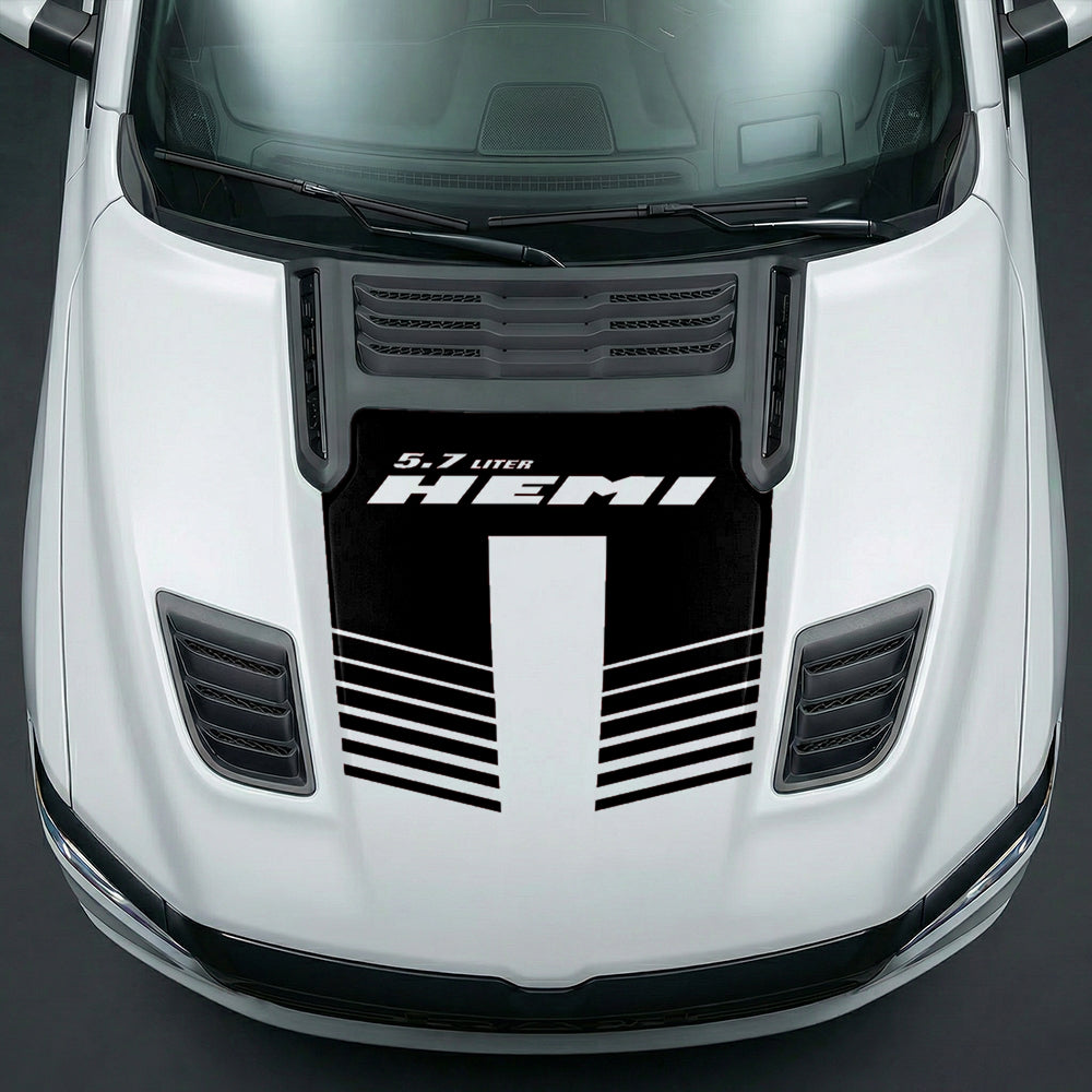 Hood Panel Decal/Sticker - Aggressive 5.7L HEMI Slotted Strobe Graphic Kit - For Dodge Ram 2019-2025 - Premium Vinyl