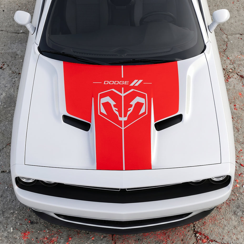 Hood Panel Decal/Sticker - Modern Ram Heritage Diamond Shield Overlay - Dodge Logo Split Stripe Graphic Kit - For Dodge Challenger 2015-2024 - Premium Vinyl