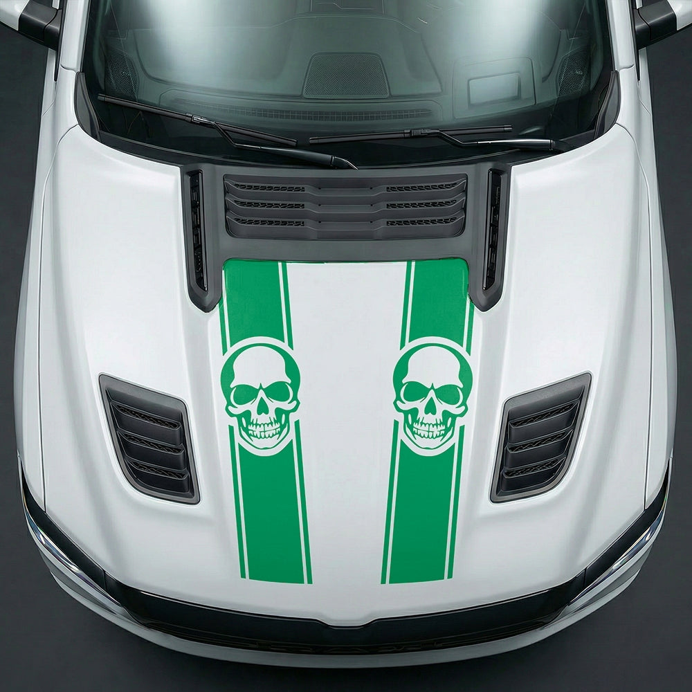 Hood Panel Decal/Sticker - Sinister Skull Racing Stripes Graphic Kit - For Dodge Ram 2019-2025 - Premium Vinyl