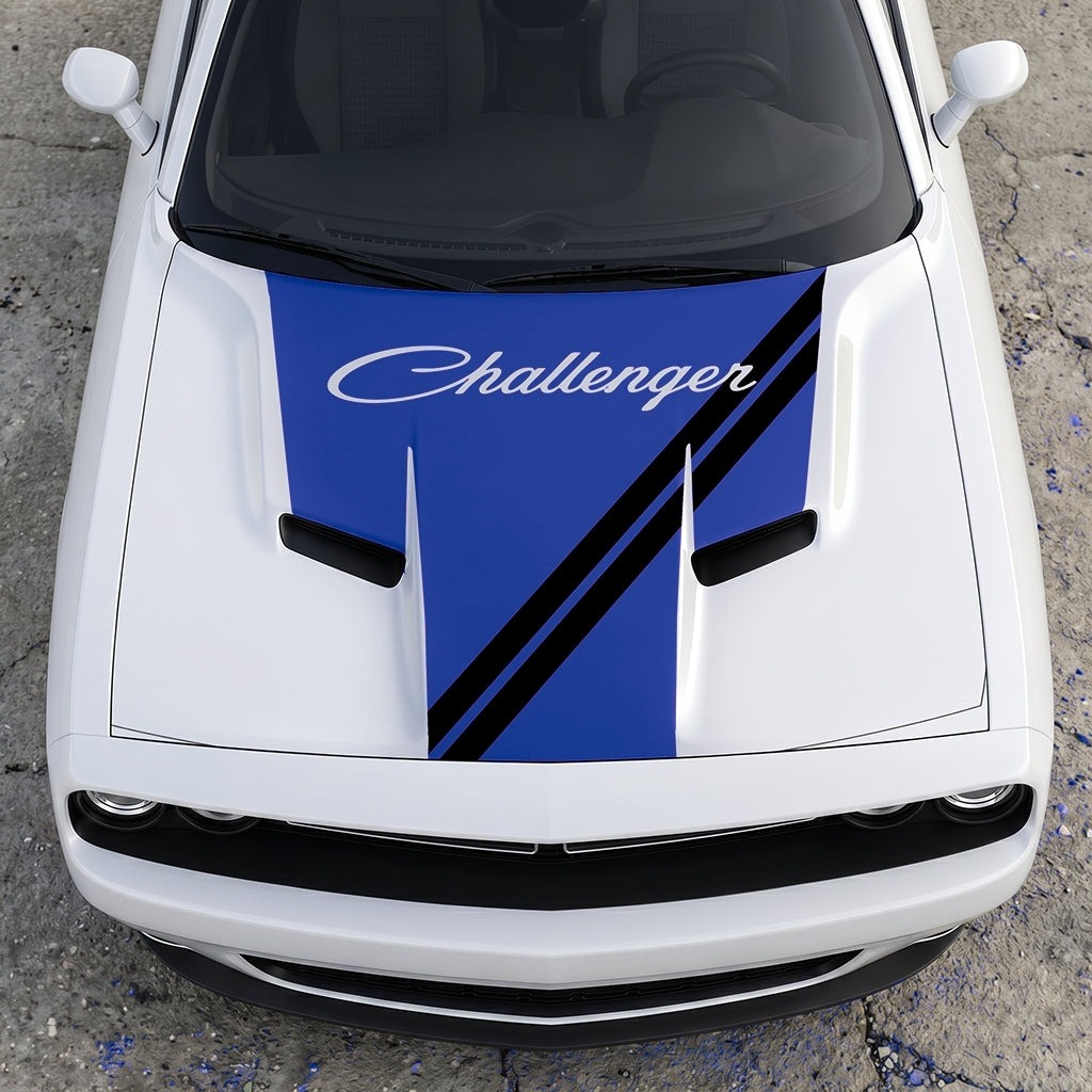 Hood Panel Decal/Sticker - Challenger Script Sidewinder Stripe - Dual-Band Offset Racing Graphic Kit - For Dodge Challenger 2015-2024 - Premium Vinyl