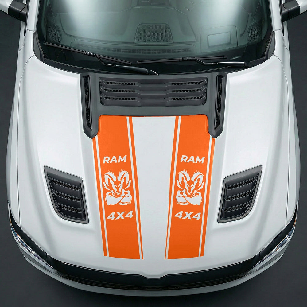 Hood Panel Decal/Sticker - Muscular Ram Mascot 4x4 Twin Stripe Graphic Kit - For Dodge Ram 2019-2025 - Premium Vinyl