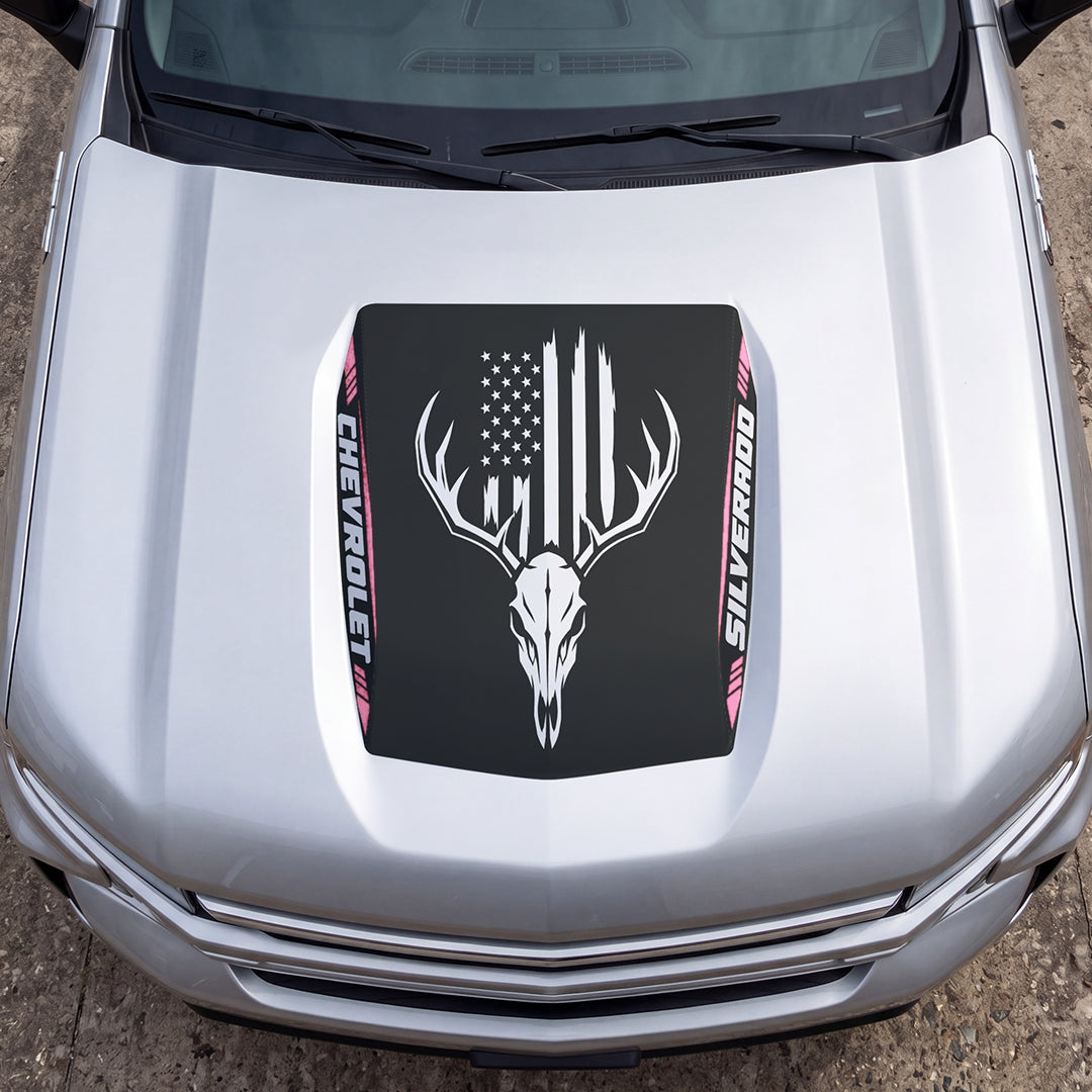 Hood Panel Decal/Sticker - American Flag and Bison Skull Graphic Decal Graphic Kit - For Chevrolet Silverado 2019-2024 - Premium Vinyl