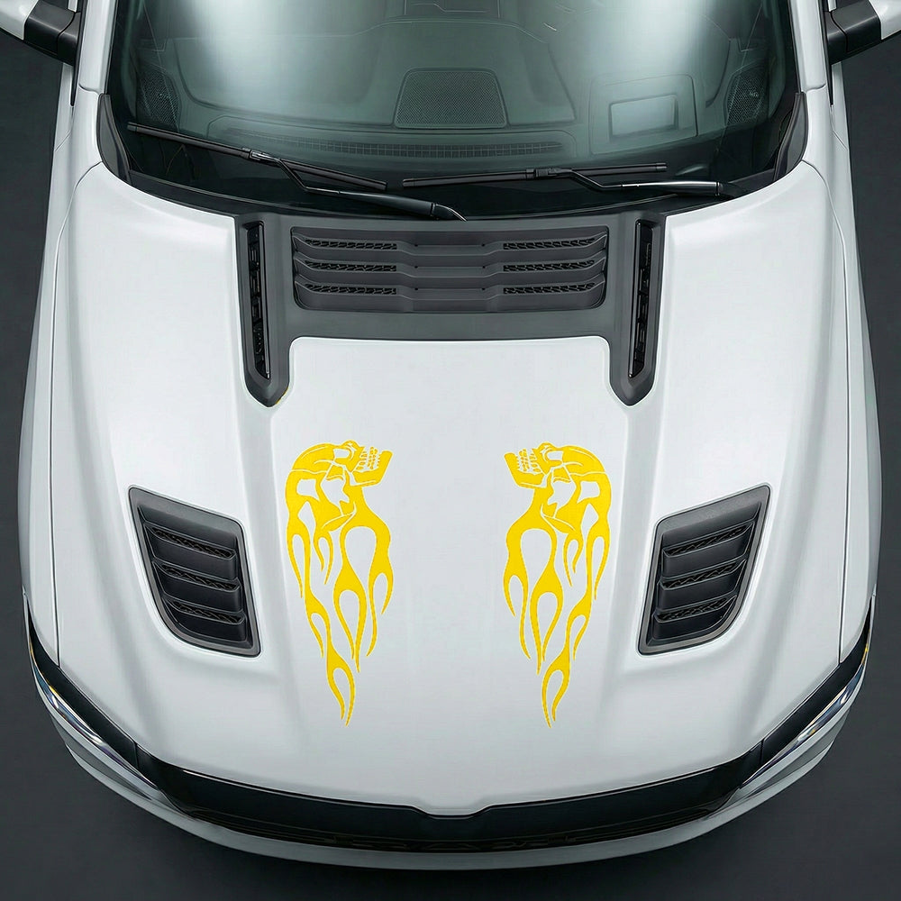Hood Panel Decal/Sticker - Fiery Skulls Custom U-Shape - Cut Graphic Kit - For Dodge Ram 2019-2025 - Premium Vinyl