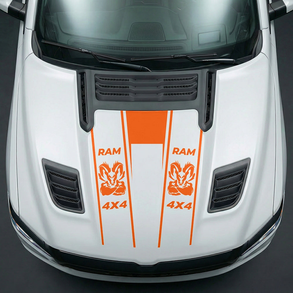 Hood Panel Decal/Sticker - Muscular Ram Mascot 4x4 Twin Stripe U-Shape Graphic Kit - For Dodge Ram 2019-2025 - Premium Vinyl