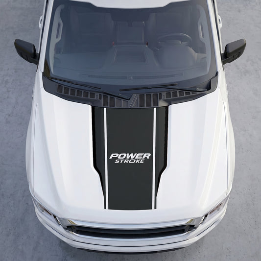 Hood Panel Decal/Sticker - Power Stroke Edition Hood Decal Wrap – Matte Black Center Sport Shield with White Track Stripes Graphic Kit - For Ford F-150 F150 2015-2020 - Premium Vinyl