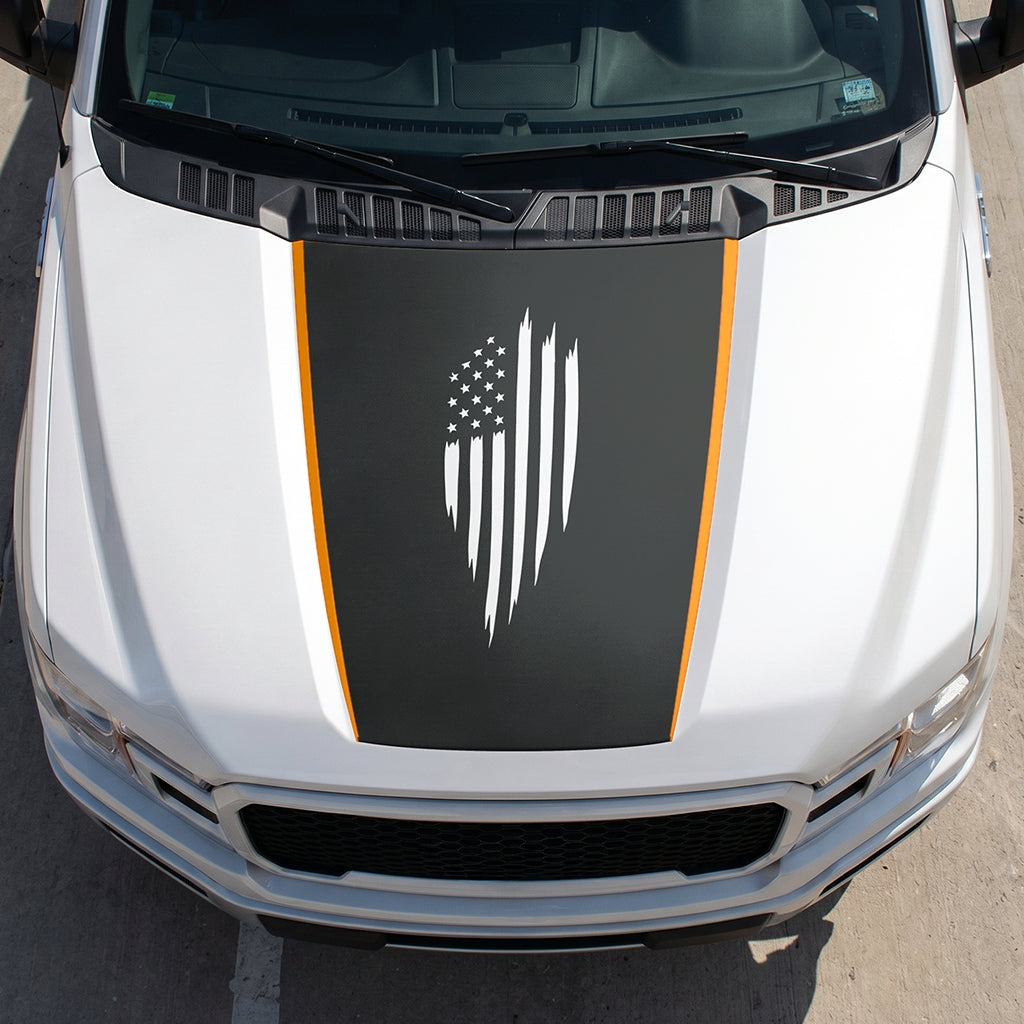 Hood Panel Decal/Sticker - Scratched America Flag Graphic Decal Graphic Kit - For Ford F-150 2015-2020 - Premium Vinyl