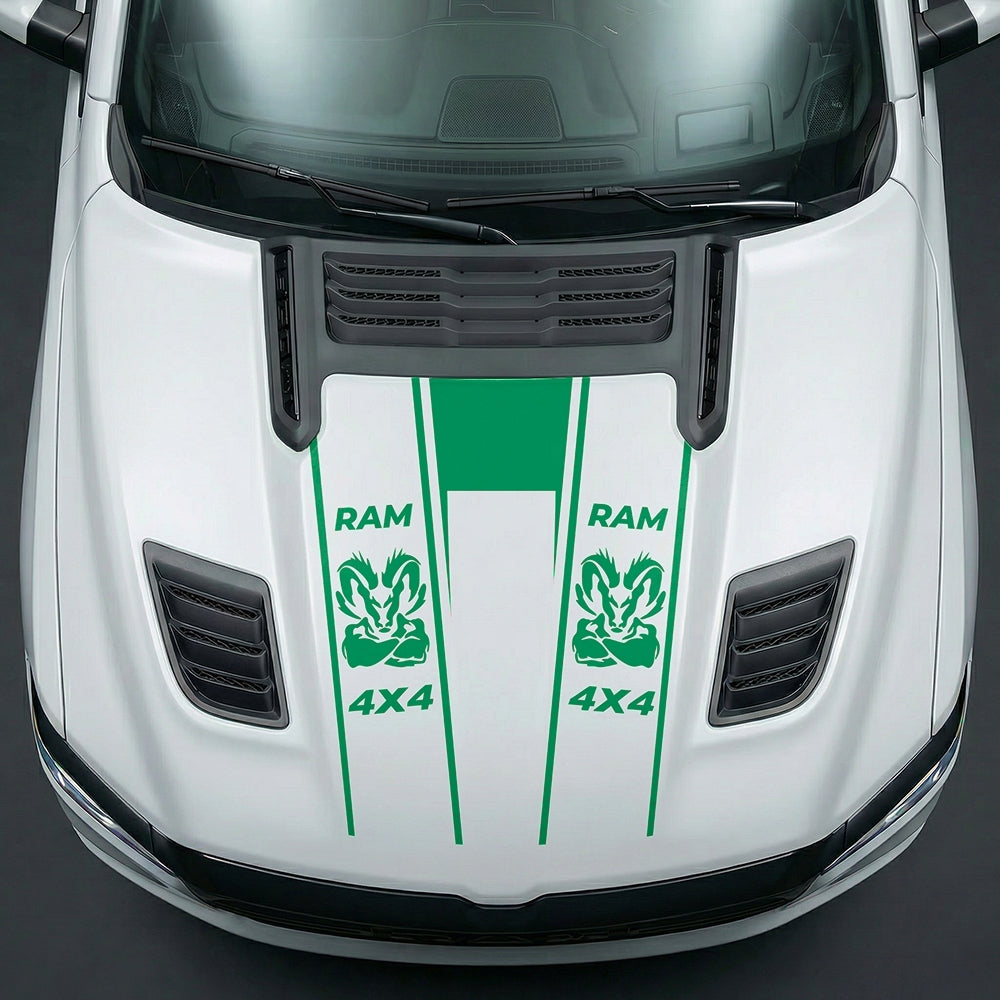 Hood Panel Decal/Sticker - Muscular Ram Mascot 4x4 Twin Stripe U-Shape Graphic Kit - For Dodge Ram 2019-2025 - Premium Vinyl