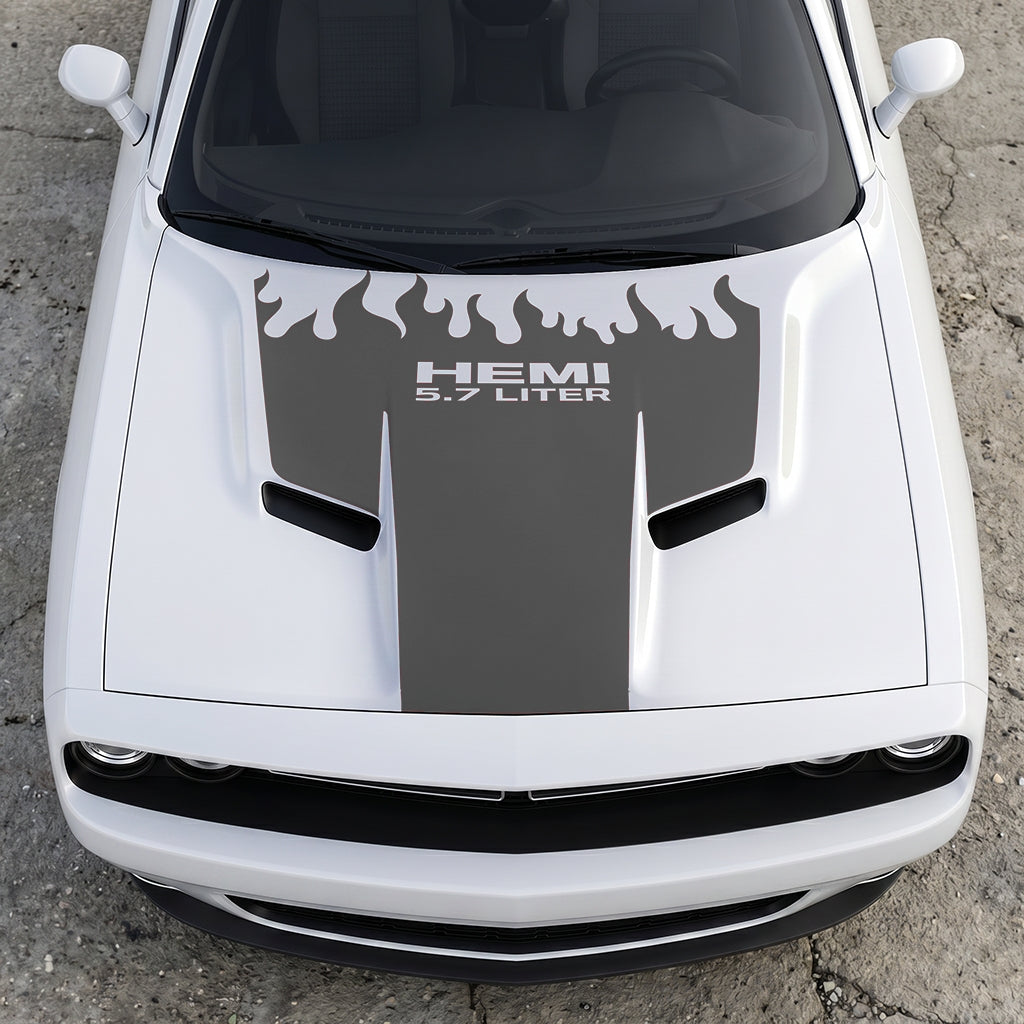 Hood Panel Decal/Sticker - HEMI 5.7 Liter Fire & Fury Flame Accent - Performance Red Series Graphic Kit - For Dodge Challenger 2015-2024 - Premium Vinyl